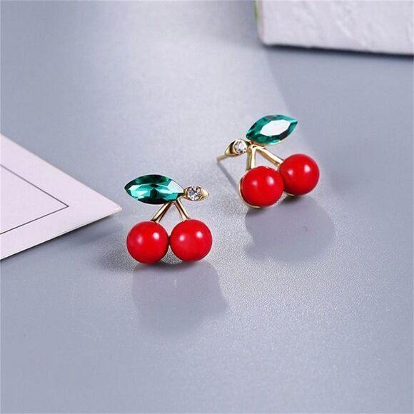 Gold Plated Red Cherry Stud Earrings - Picture 5 of 9